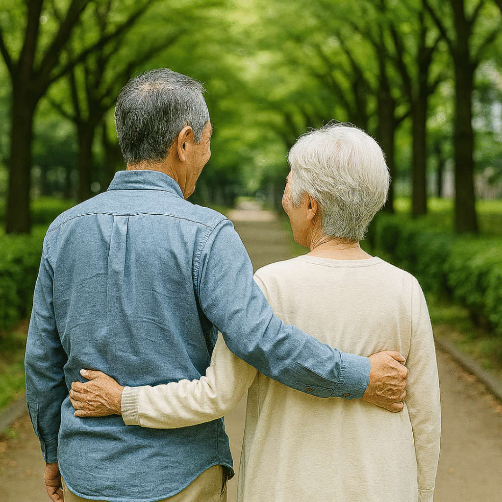 円満な相続と遺言書作成をイメージする仲睦まじい老夫婦の後ろ姿